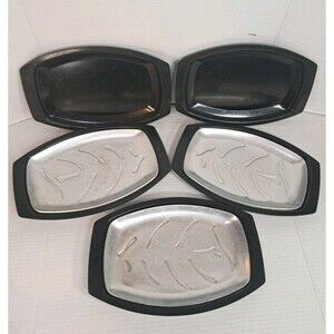 5 Nordic Ware Platter Holders + 3 Metal Insert Steak Fajita Sizzle Plates Dish